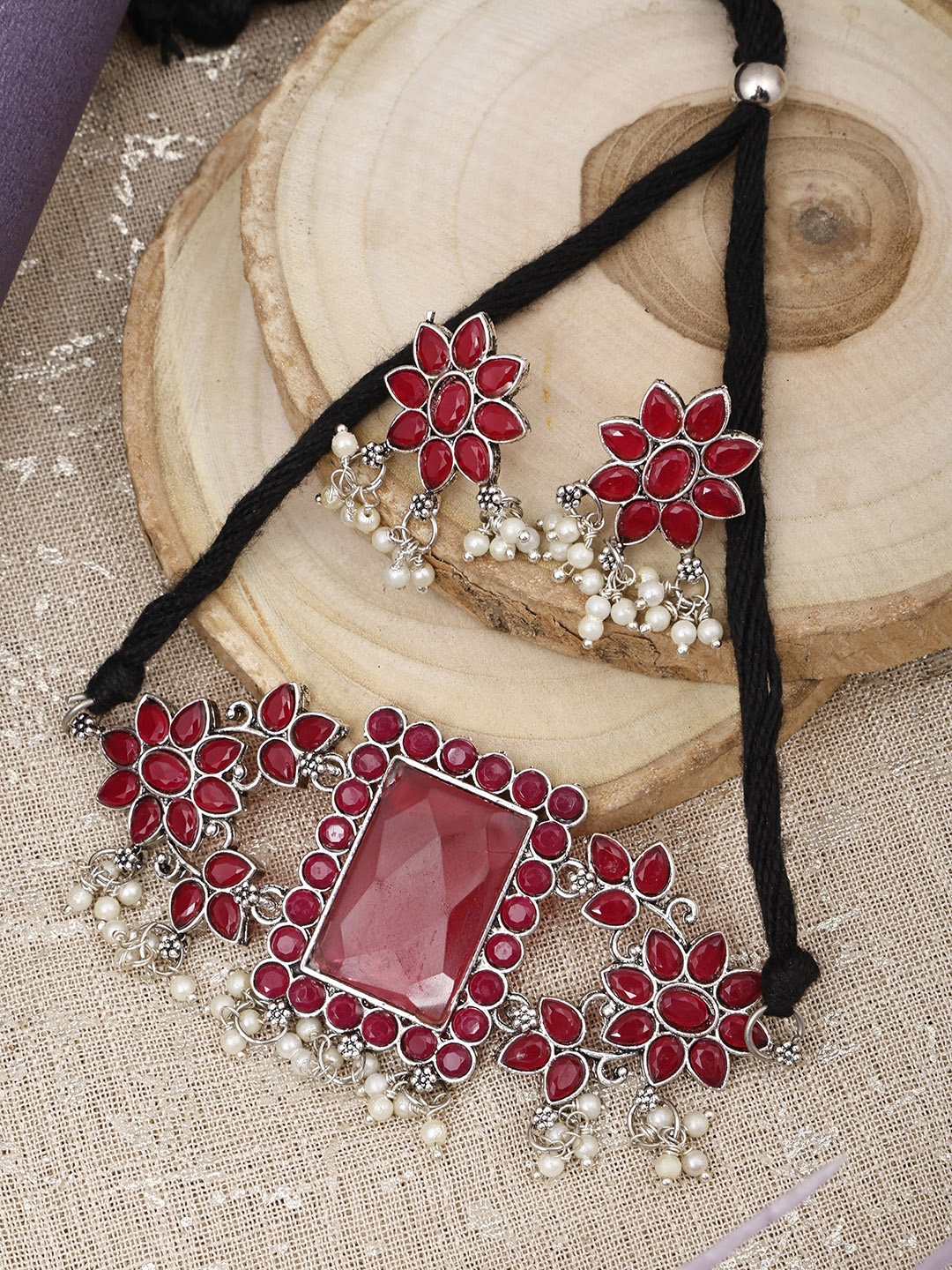 

SUNHARI Stone Studded & Beaded Jewellery Set, Silver