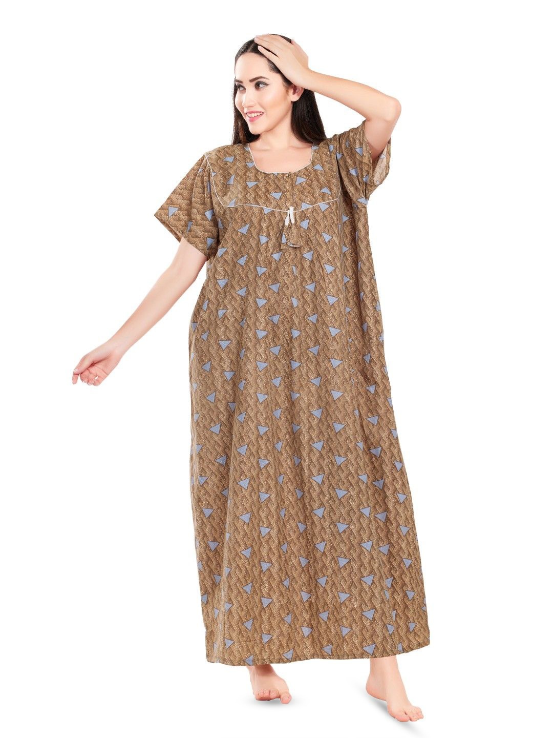 

Zionity Women Printed Maxi Nightdress, Beige