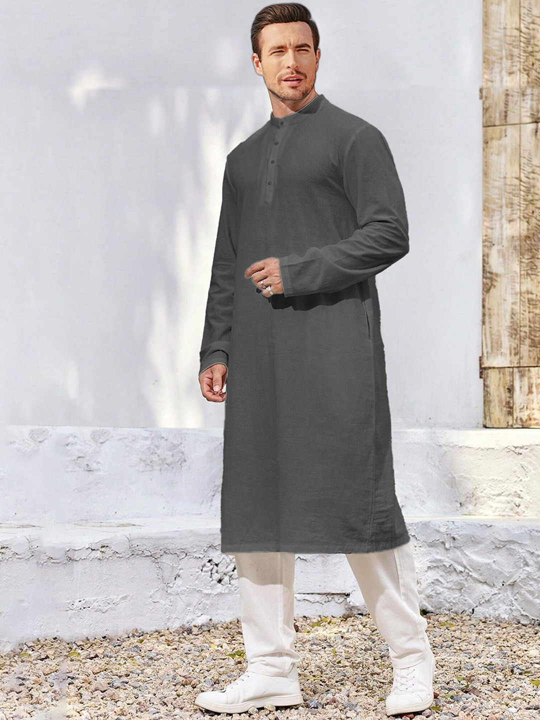 

Anouk Band Collar A-Line Kurta, Grey