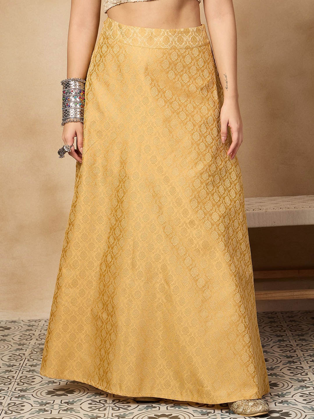 

InWeave Women Brocade Self Design A-Line Maxi Skirt, Gold