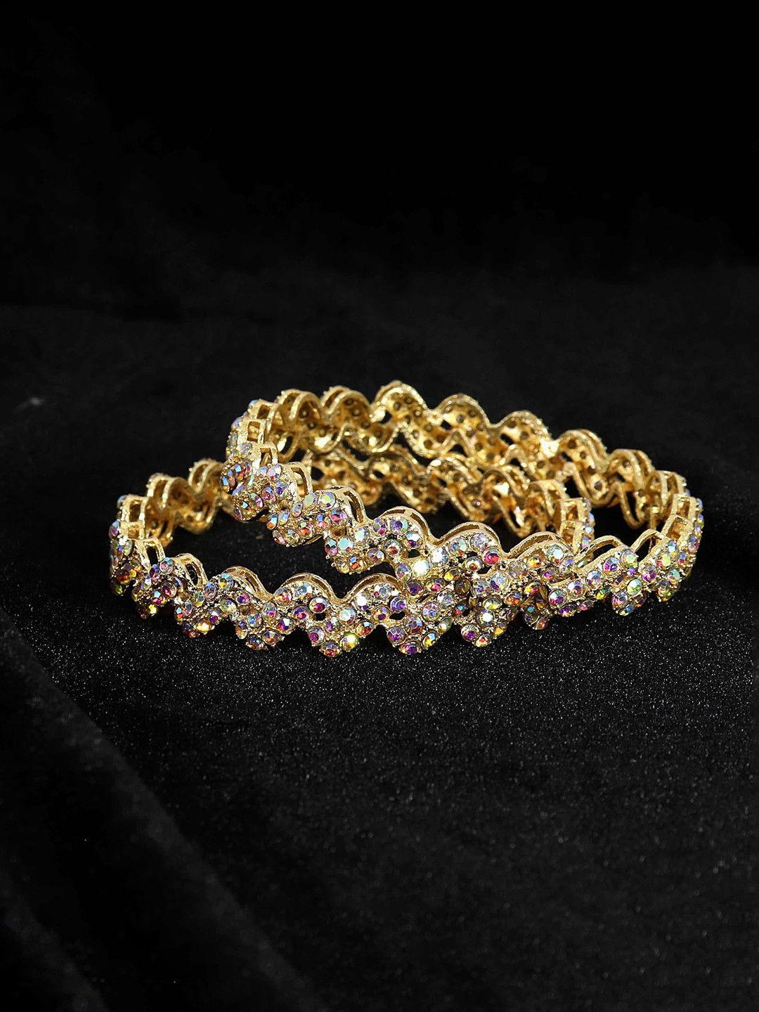 

ZULKA Set Of 2 Gold-Plated Zig-Zag Design Artificial Stones and Beads Bangles