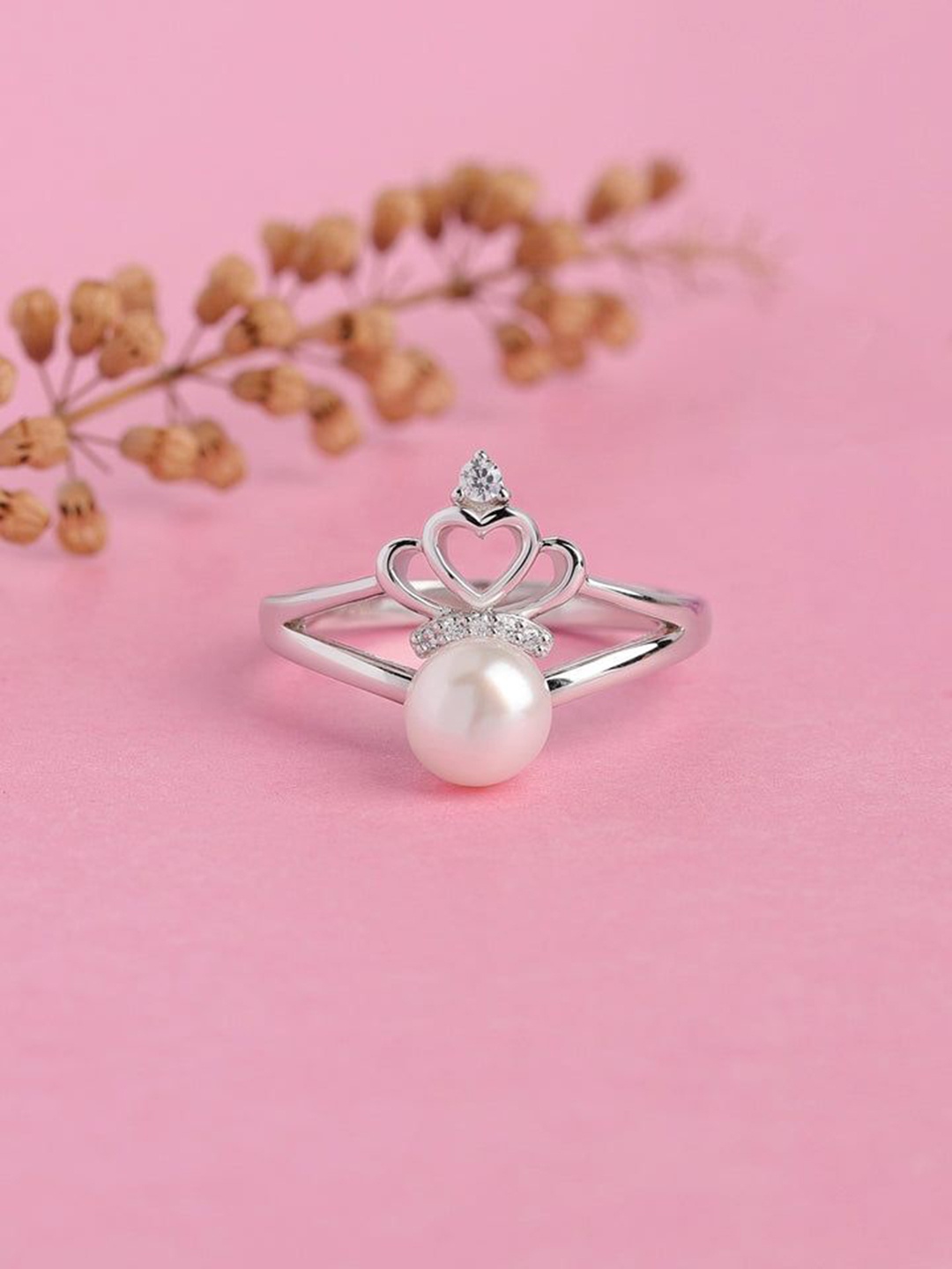 

Ornate Jewels 925 Sterling Rhodium-Plated Freshwater Pearl Beaded Finger Ring, Silver