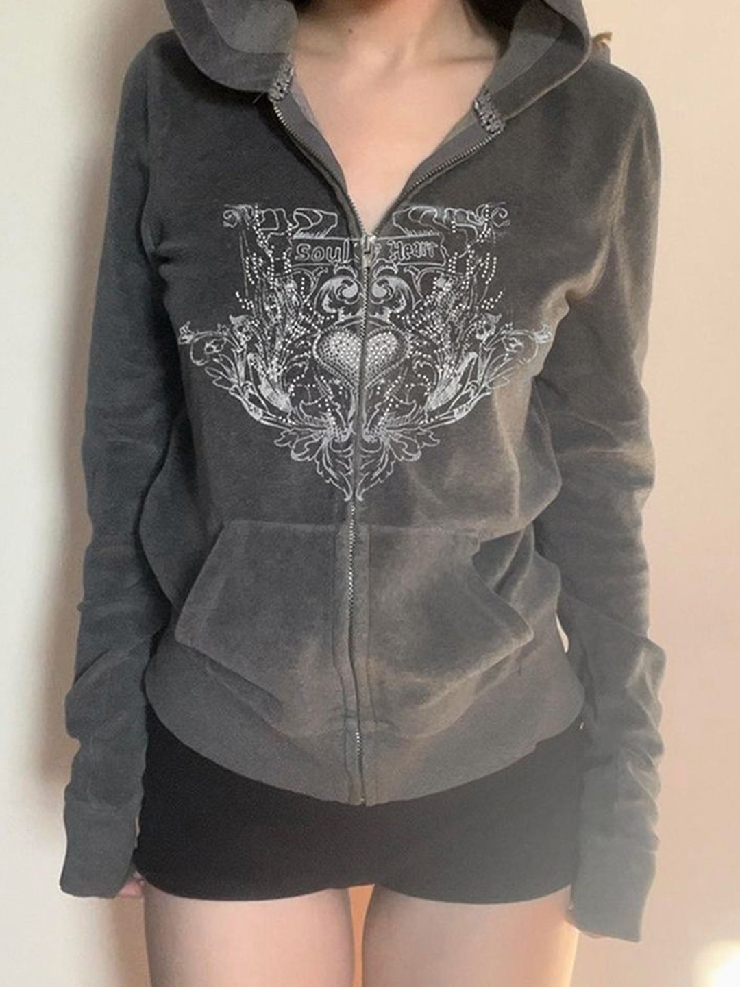 

LULU & SKY Women Hooded Graphic Printed Casual Tailored Jacket, Grey