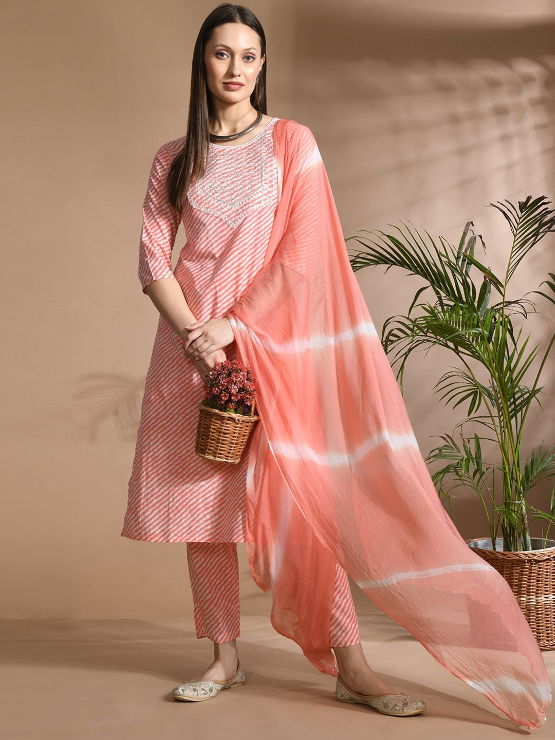 

KALINI Leheriya Printed Thread Work Pure Cotton Straight Kurta with Trouser & Dupatta, Pink