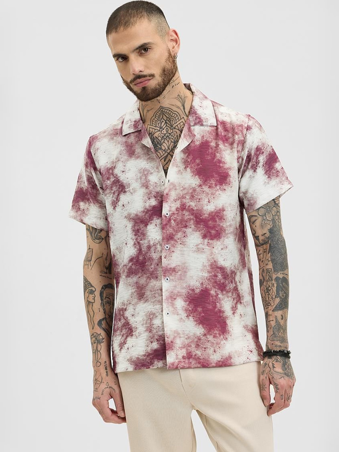 

Snitch Men Relaxed Cuban Collar Abstract Printed Casual Shirt, Magenta