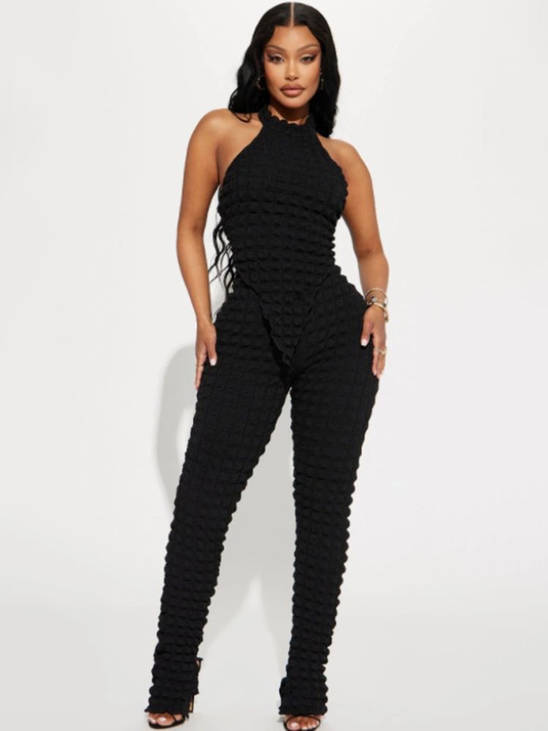 

LULU & SKY Self Design Halter Neck Top With Trousers, Black