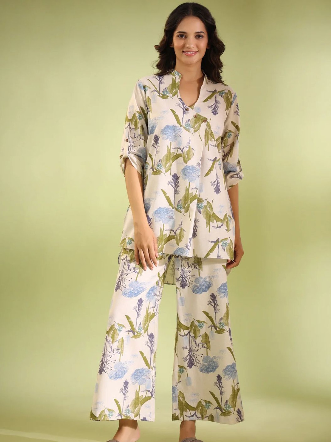 

NIJANAND TEXTILE Printed Pure Cotton Straight Kurta & Palazzos, Cream