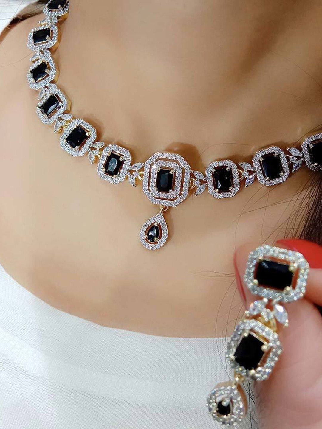 

SUNHARI Gold-Plated Stone-Studded Necklace & Earrings, Silver
