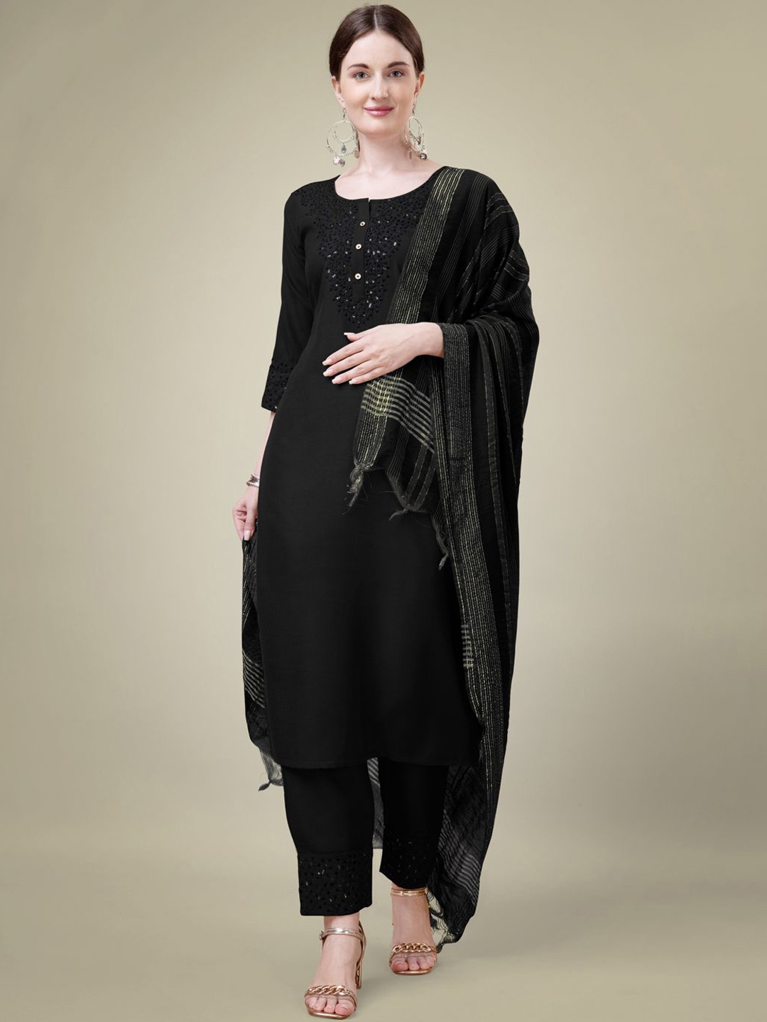 

BERISTON Floral Embroidered Kurta with Trousers & Dupatta, Black
