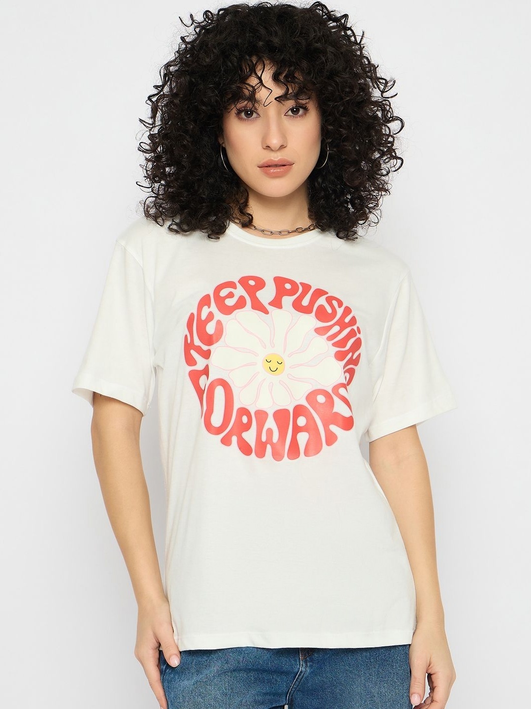 

Mast & Harbour Women Typography Printed Round Neck Pure Cotton T-shirt, White