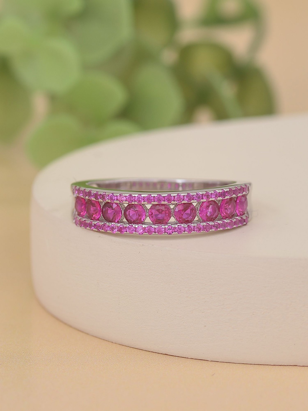 

Ornate Jewels 925 Silver Rhodium Plated Ruby & AD Stone Studded Finger Ring