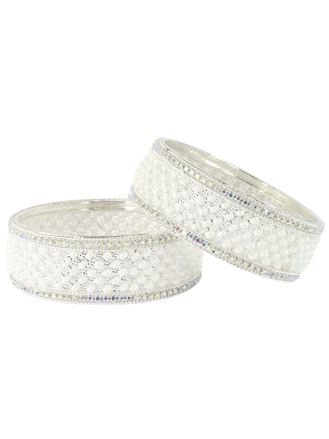 

ZULKA Set of 2 Premium Moti Pearls & Diamond Kada Bangles, Silver