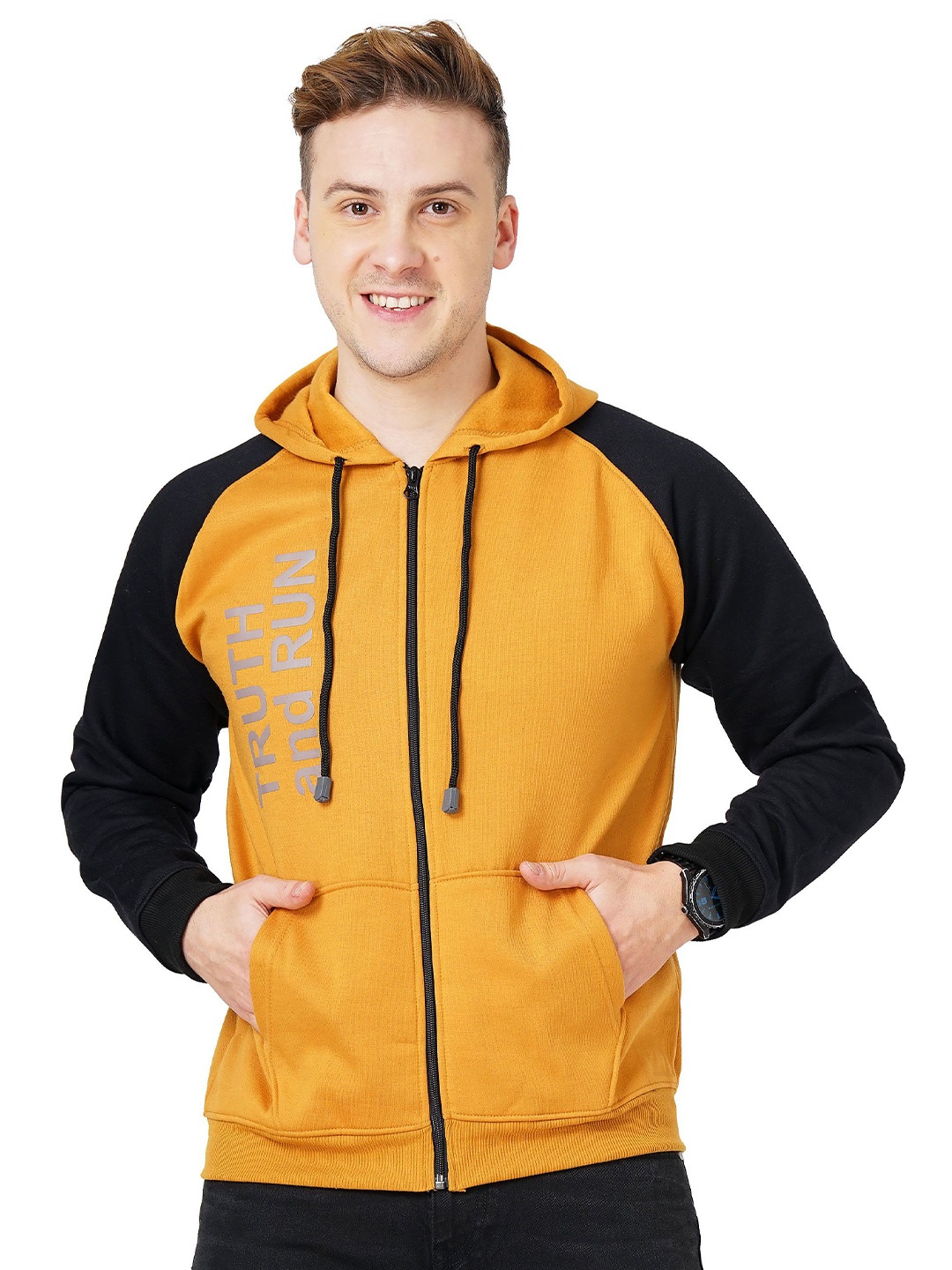 

Chanda Khuba Men Printed Hooded Sweatshirt, Mustard