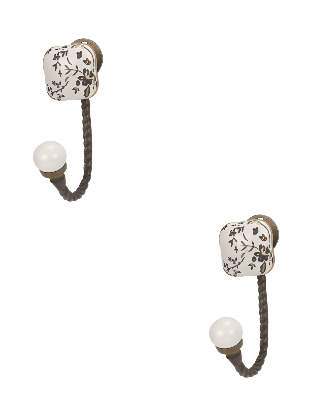 

IndianShelf White & Silver Toned 2 Pieces Printed Ceramic Wall Hooks