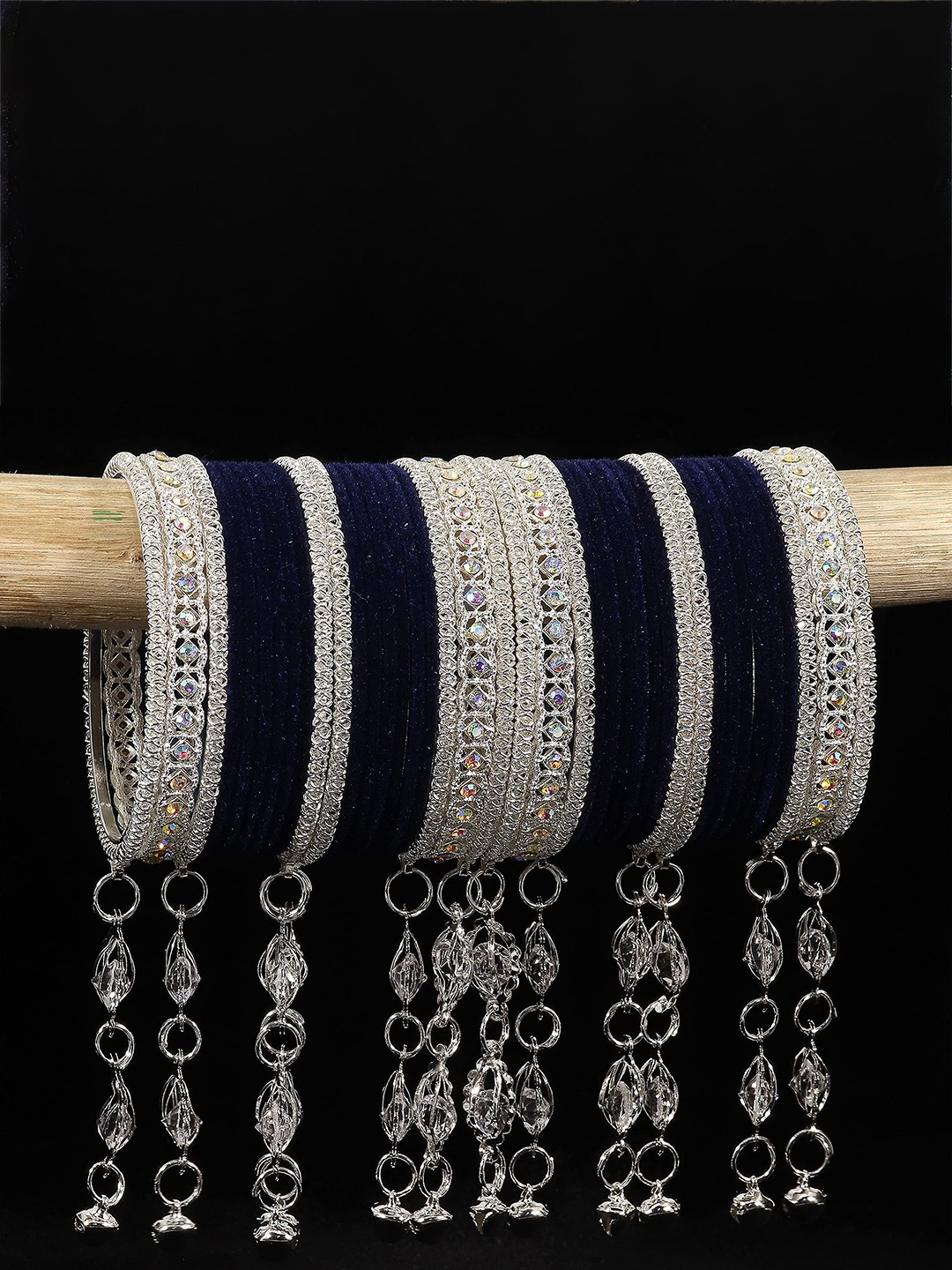 

ZULKA Set of 40 Zircon Gemstone and Bells Latkan Linked Velvet Bangles For Women, Purple