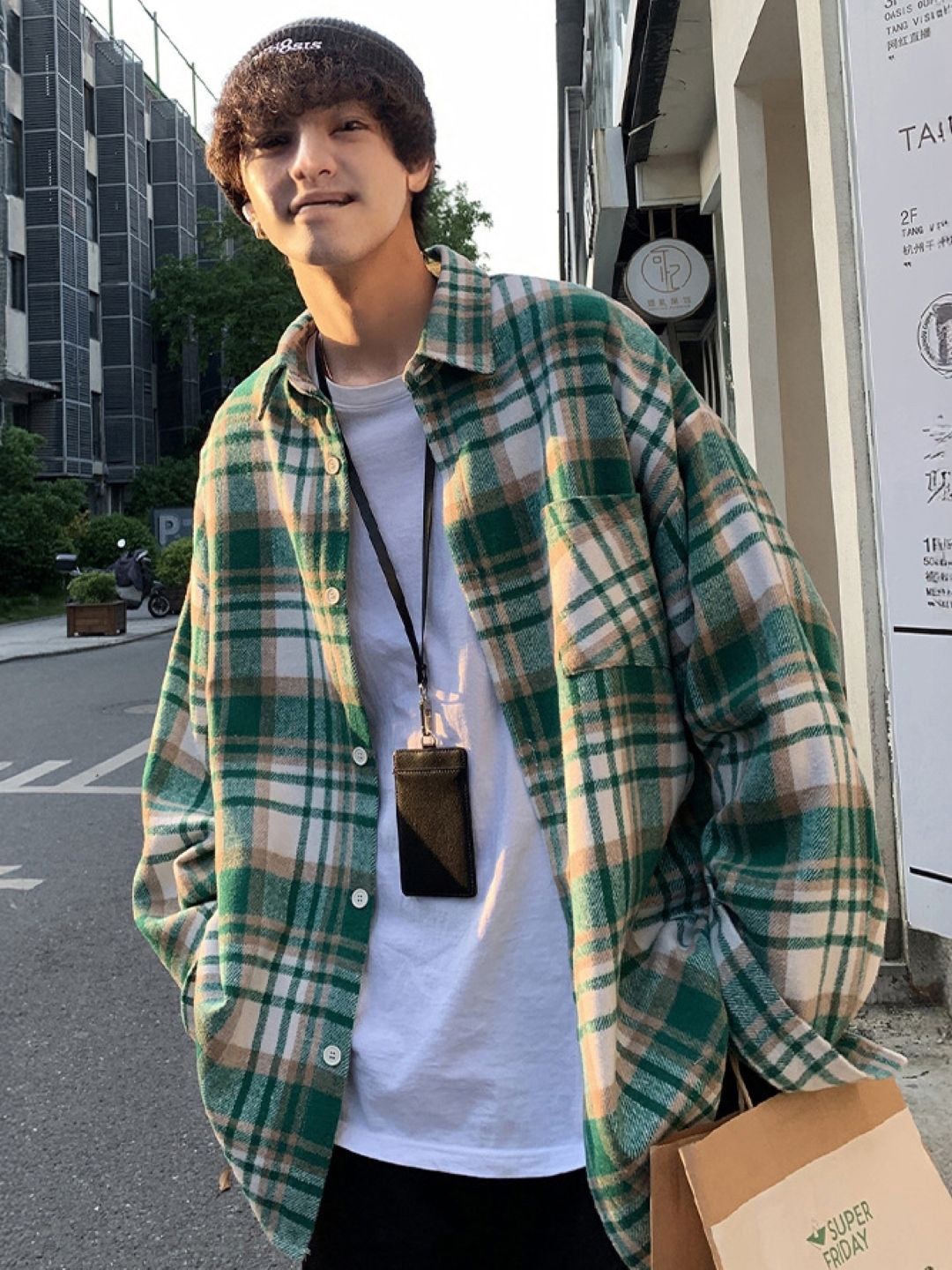 

HERE&NOW Men Original Tartan Checked Oversized Casual Shirt, Green