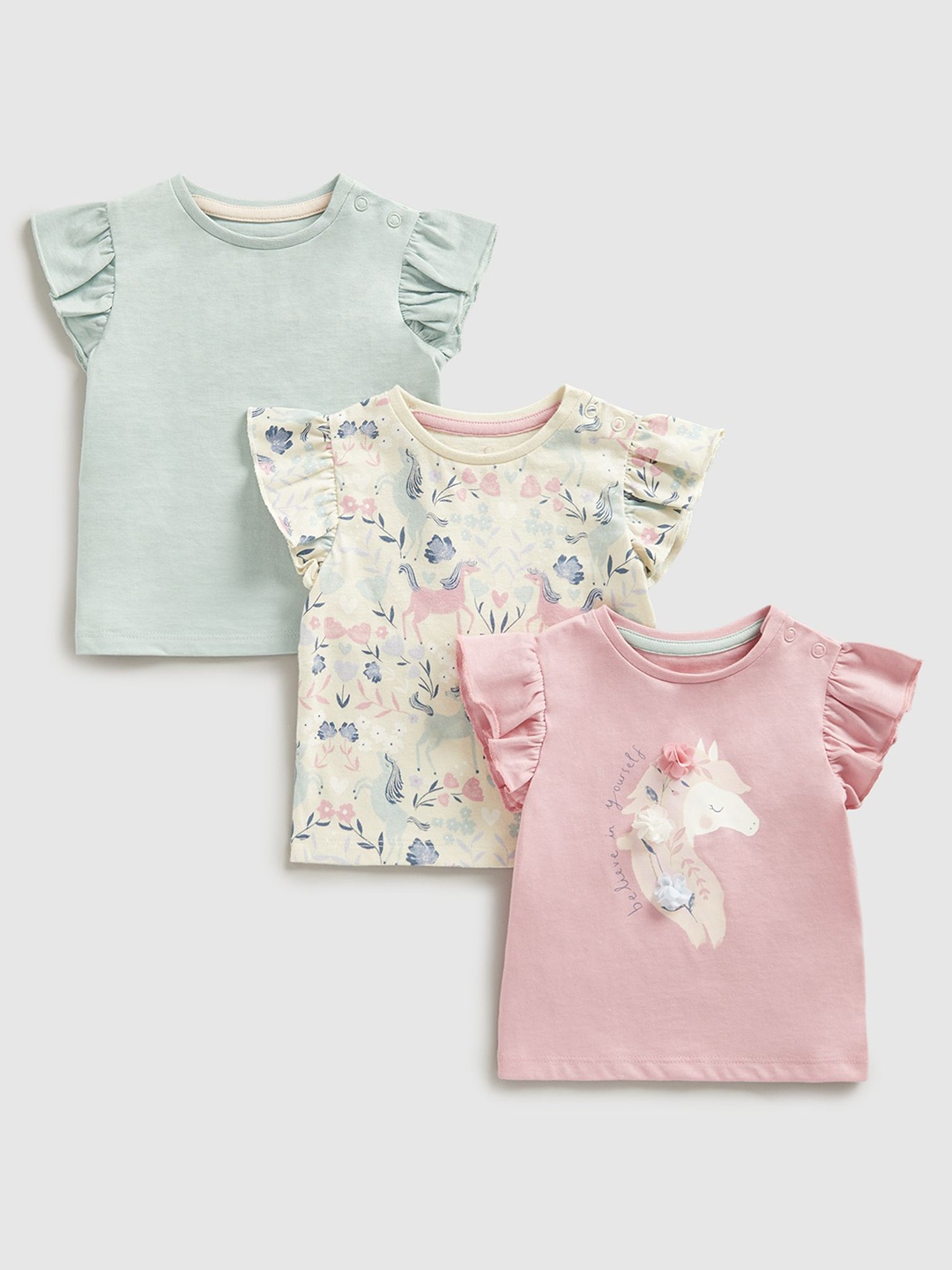 

mothercare Girls Pack Of 3 Graphic Printed Round Neck Cotton T-shirts, Pink