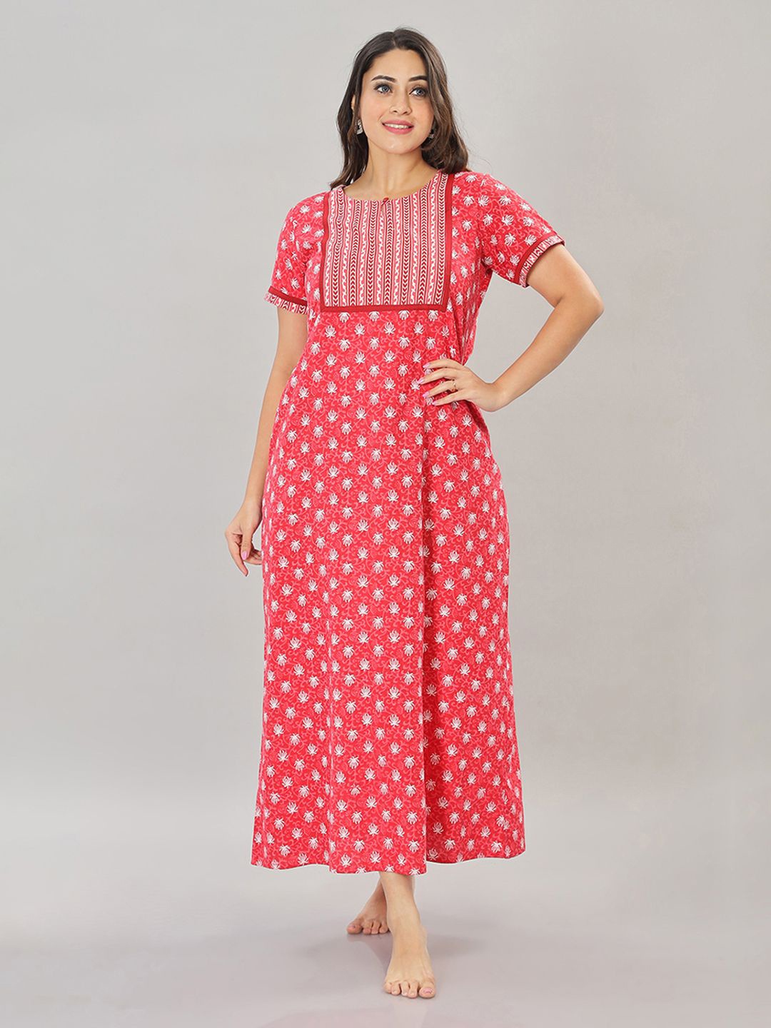 

NAIDU HALL Women Printed Pure Cotton Maxi Nightdress, Red