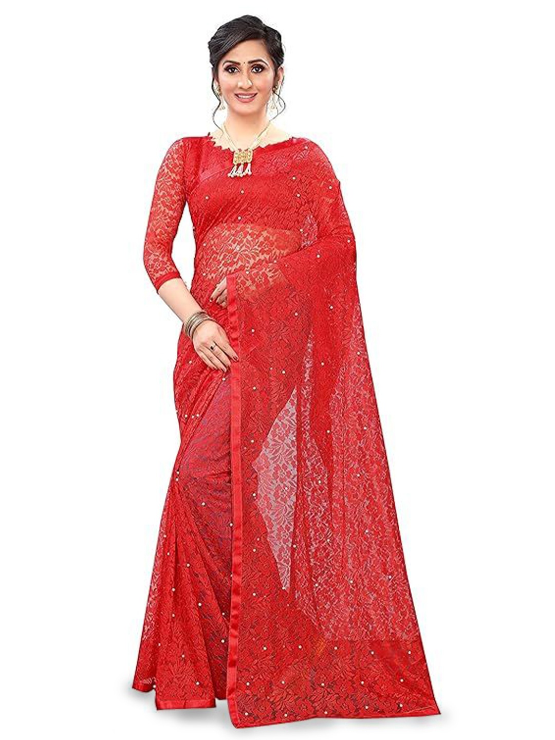 

VRAGI Floral Embroidered Maheshwari Saree, Red