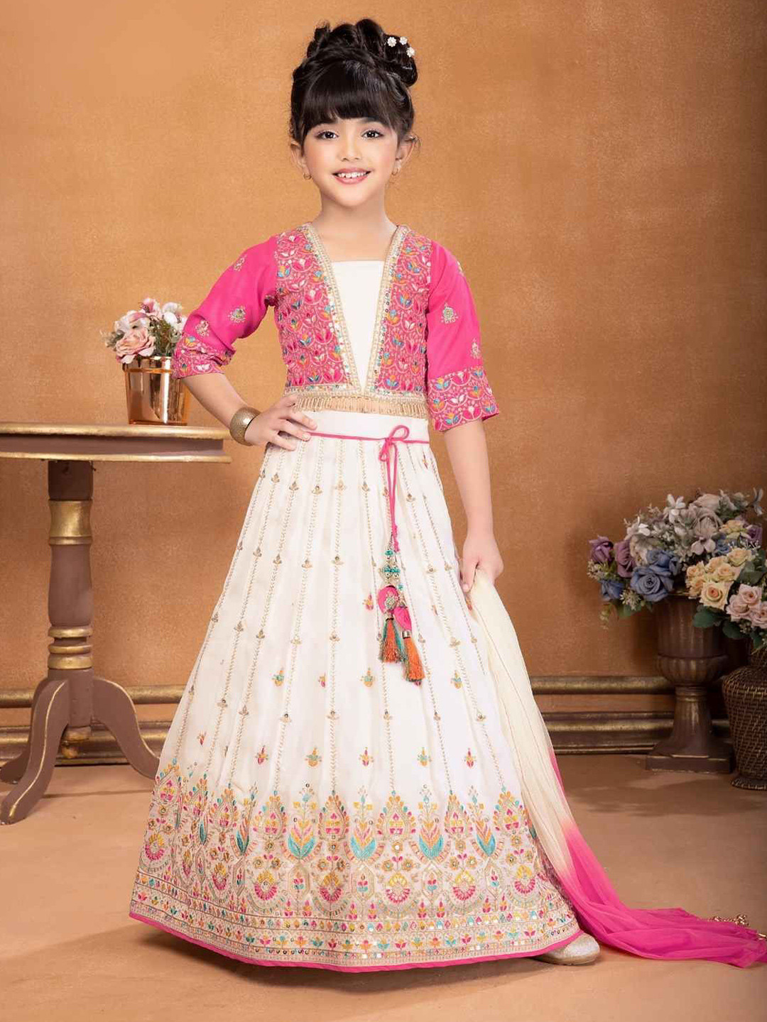 

Lagorii Girls Embroidered Sequinned Ready to Wear Lehenga & Blouse With Dupatta, White