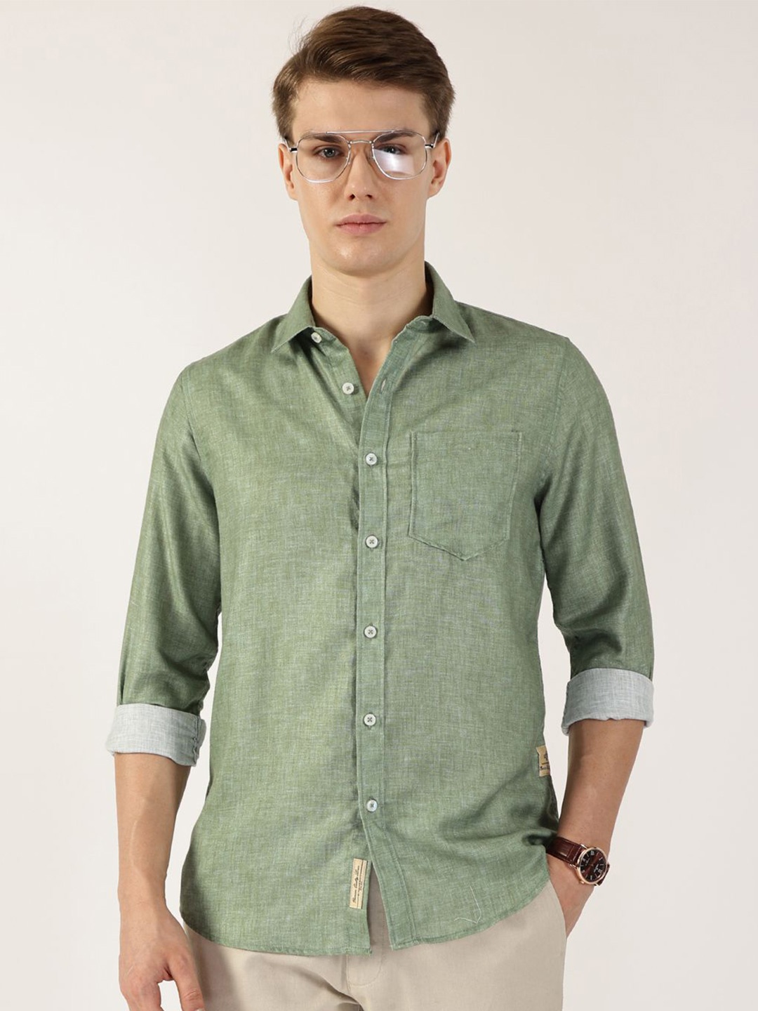 

Thomas Scott Men Premium Spread Collar Solid Slim Fit Casual Shirt, Green