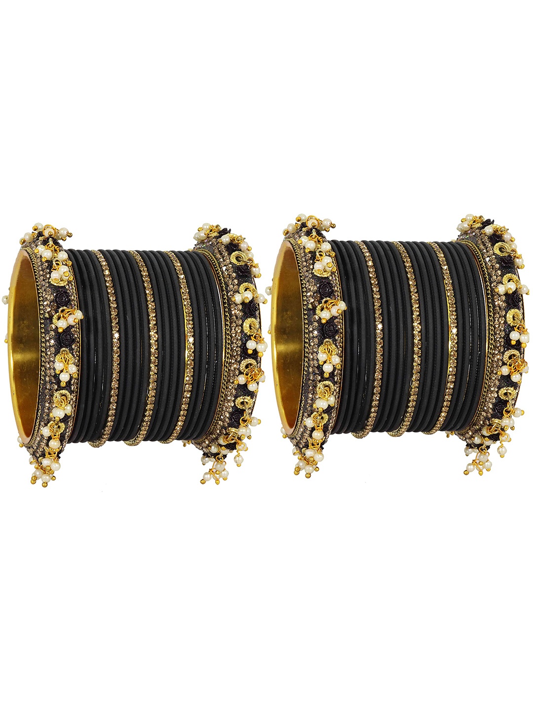 

ZULKA Set of 42 Metal Base with Zircon Gemstone and Pearl linked Latkan Pattern, Yellow