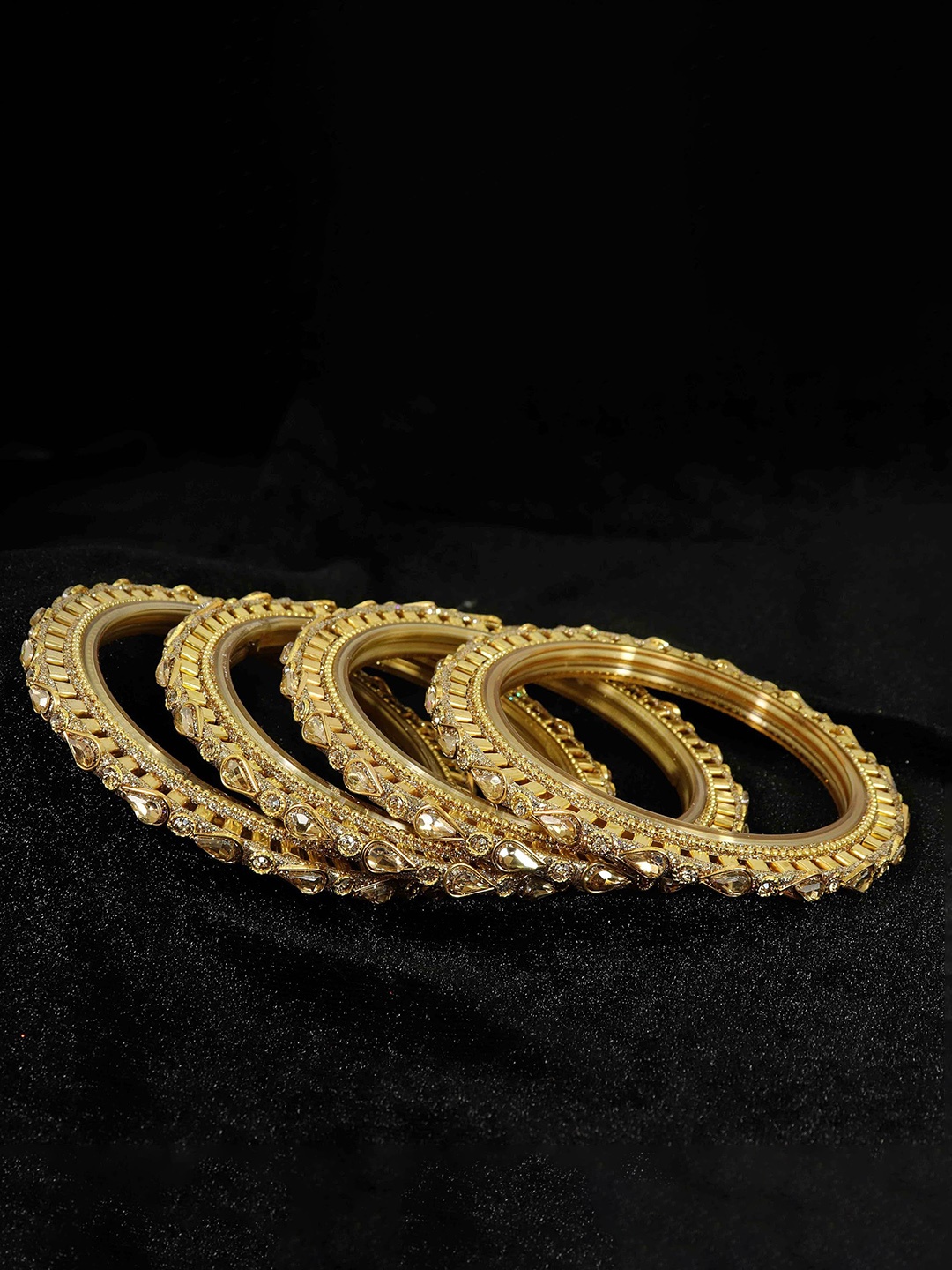 

ZULKA Set of 4 Zircon Stones & Beads Studded Glass Fancy Bangles, Gold