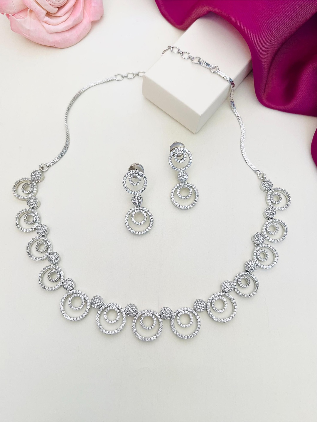 

ABDESIGNS Enchanting Silver-Plated American Diamond Studded Jewellery Set