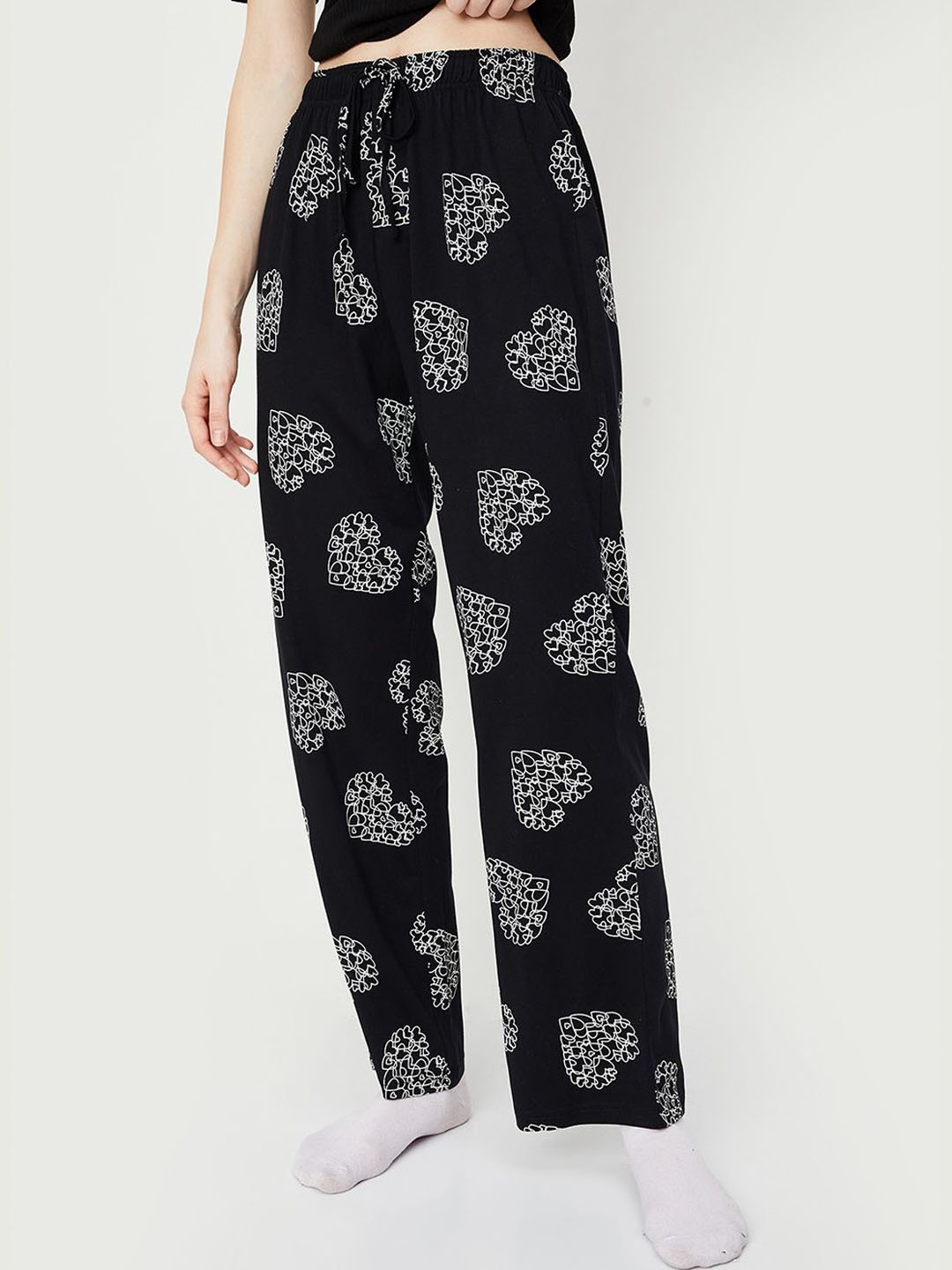 

max Women Pure Cotton Printed Mid Rise Lounge Pants, Black