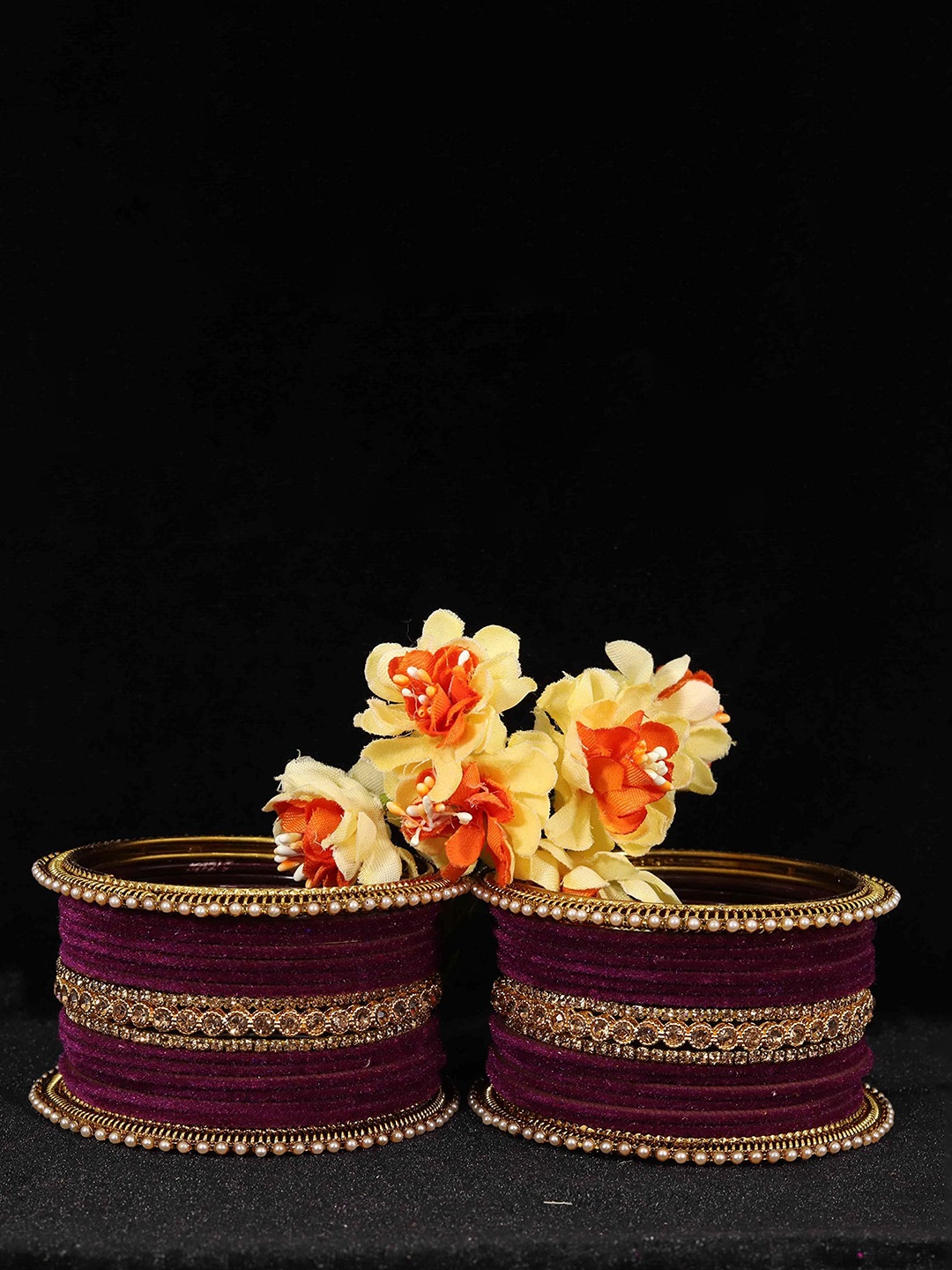 

ZULKA Set of 28 Gold-Plated Artificial Stones and Beads Studded Bangles, Magenta