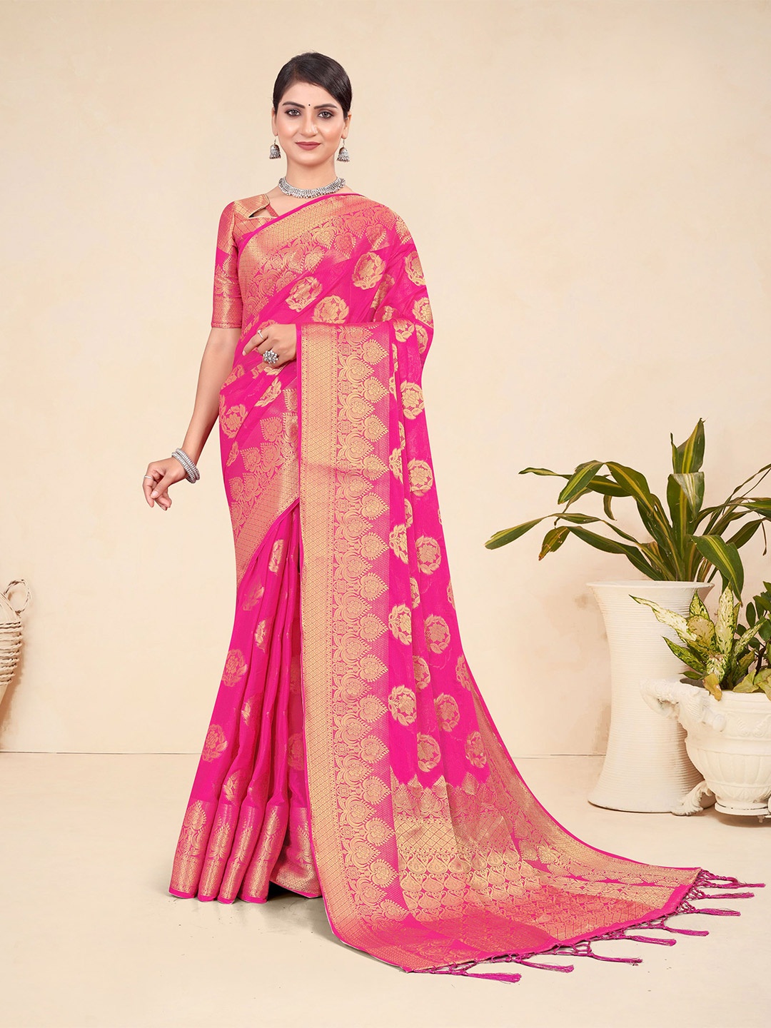 

KSM PRINTS Floral Woven Design Saree, Pink