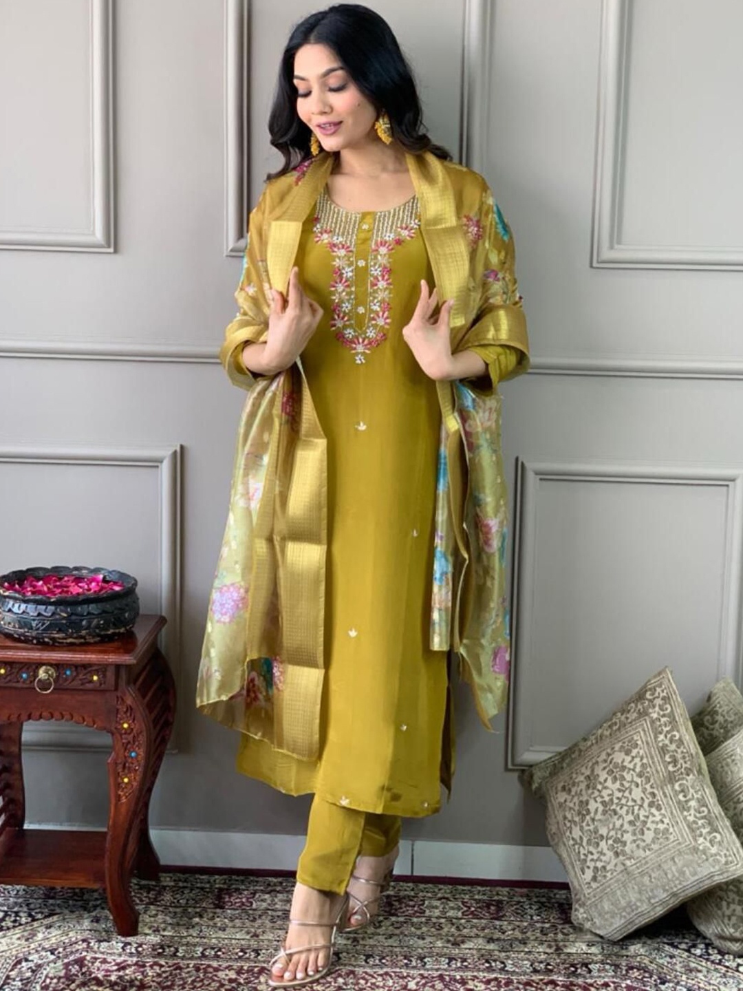 

SHIJILA Floral Embroidered Round Neck Regular Sequinned Kurta With Trouser With Dupatta, Mustard