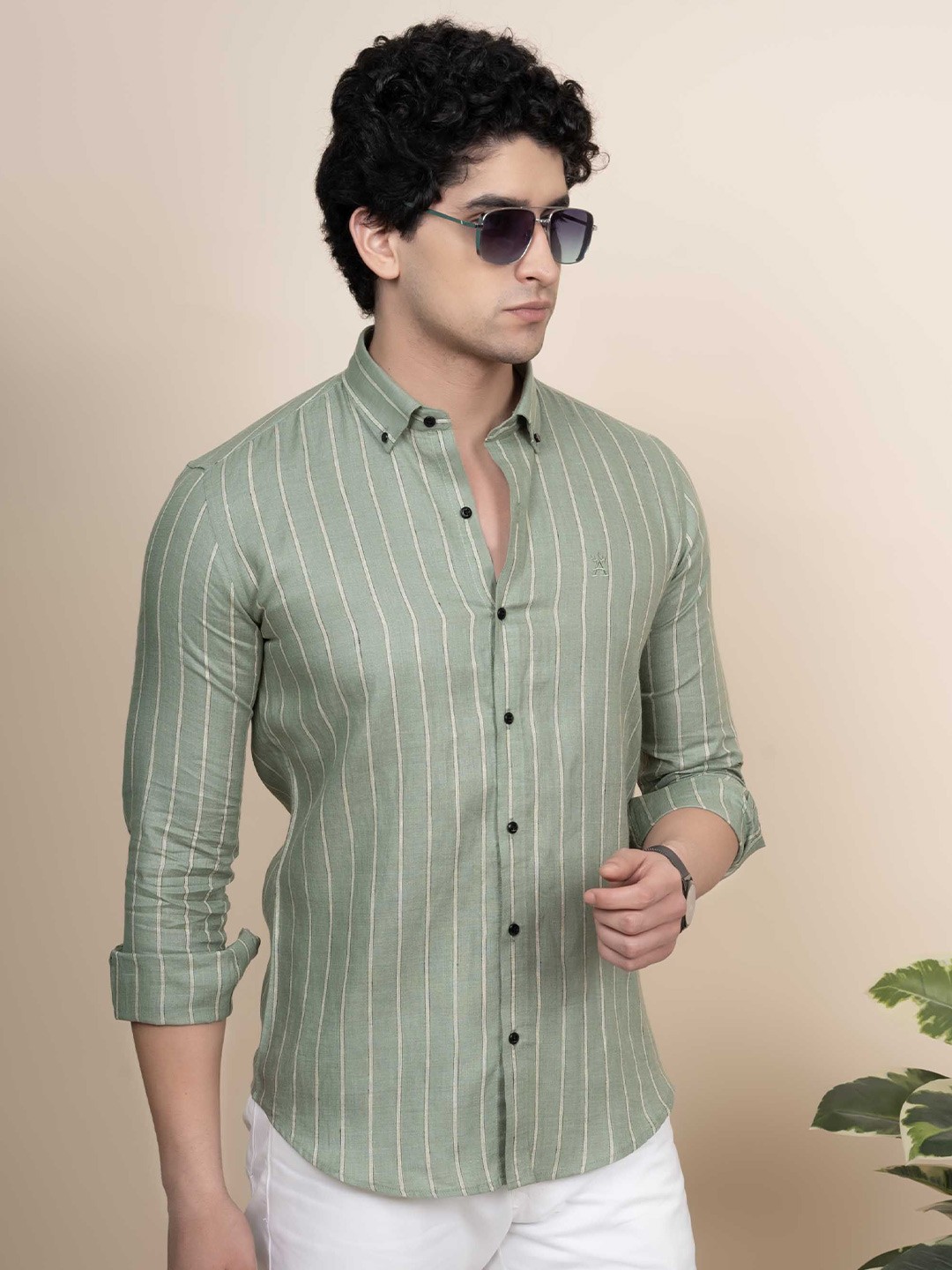 

ALMATY Men Comfort Button-Down Collar Vertical Striped Linen Casual Shirt, Green