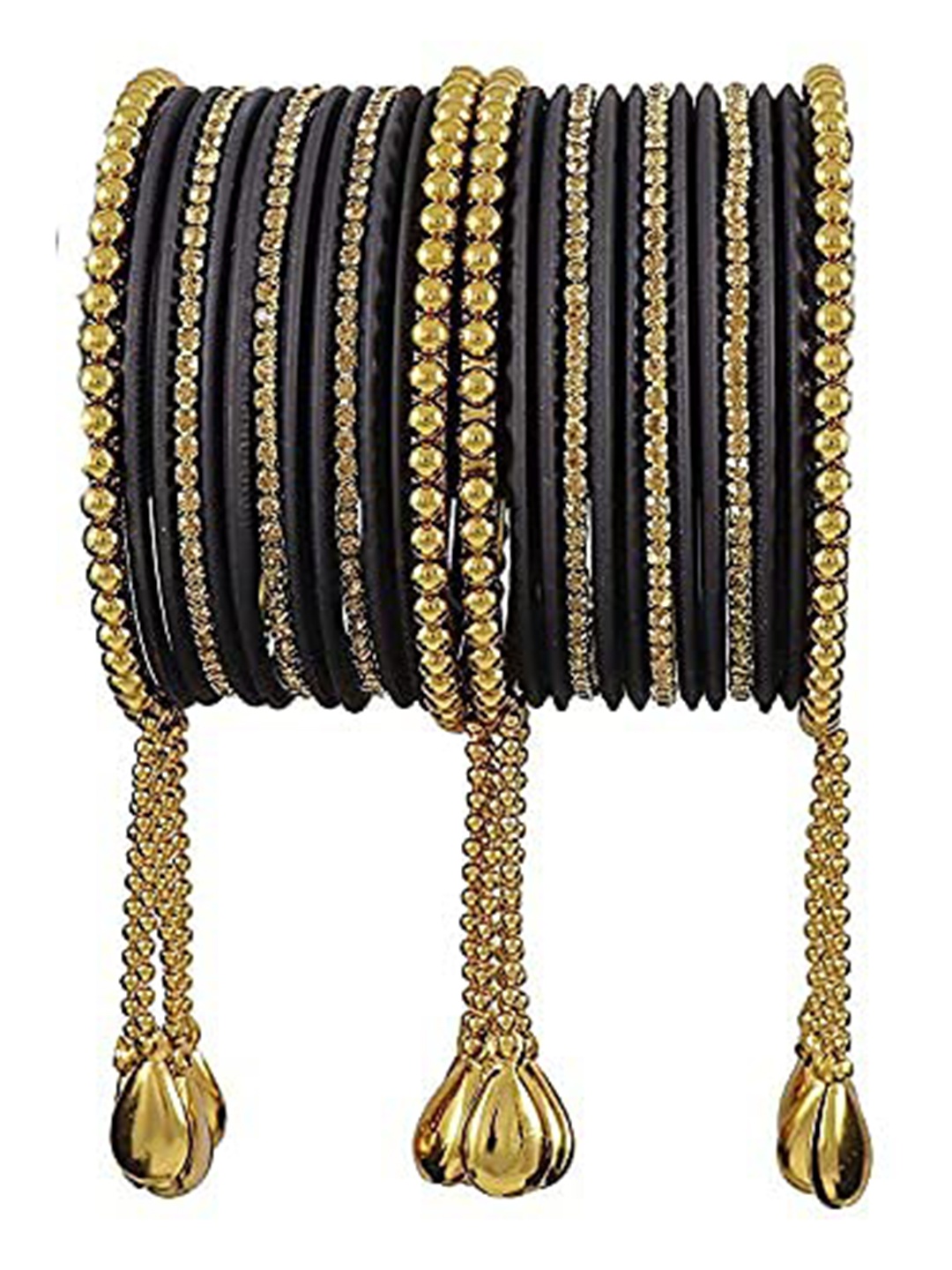 

ZULKASet of 26 Metal With Pearls, Zircon Velvet Bangle With Latkan, Black