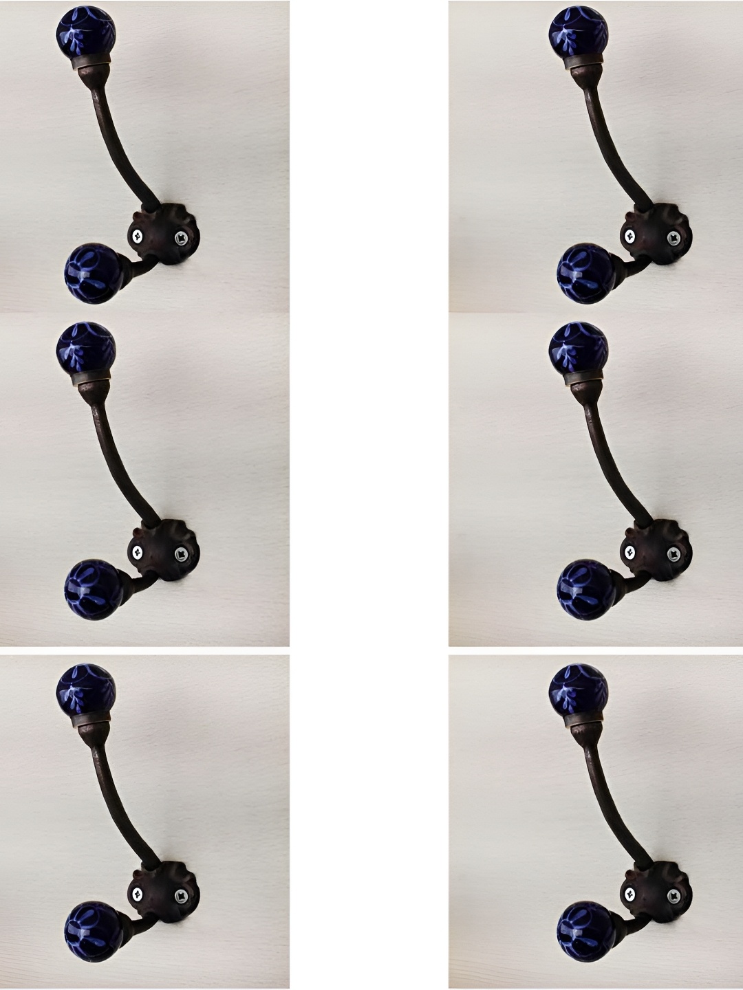 

IndianShelf Blue & Black 6 Pieces Floral Printed Ceramic Wall Hooks
