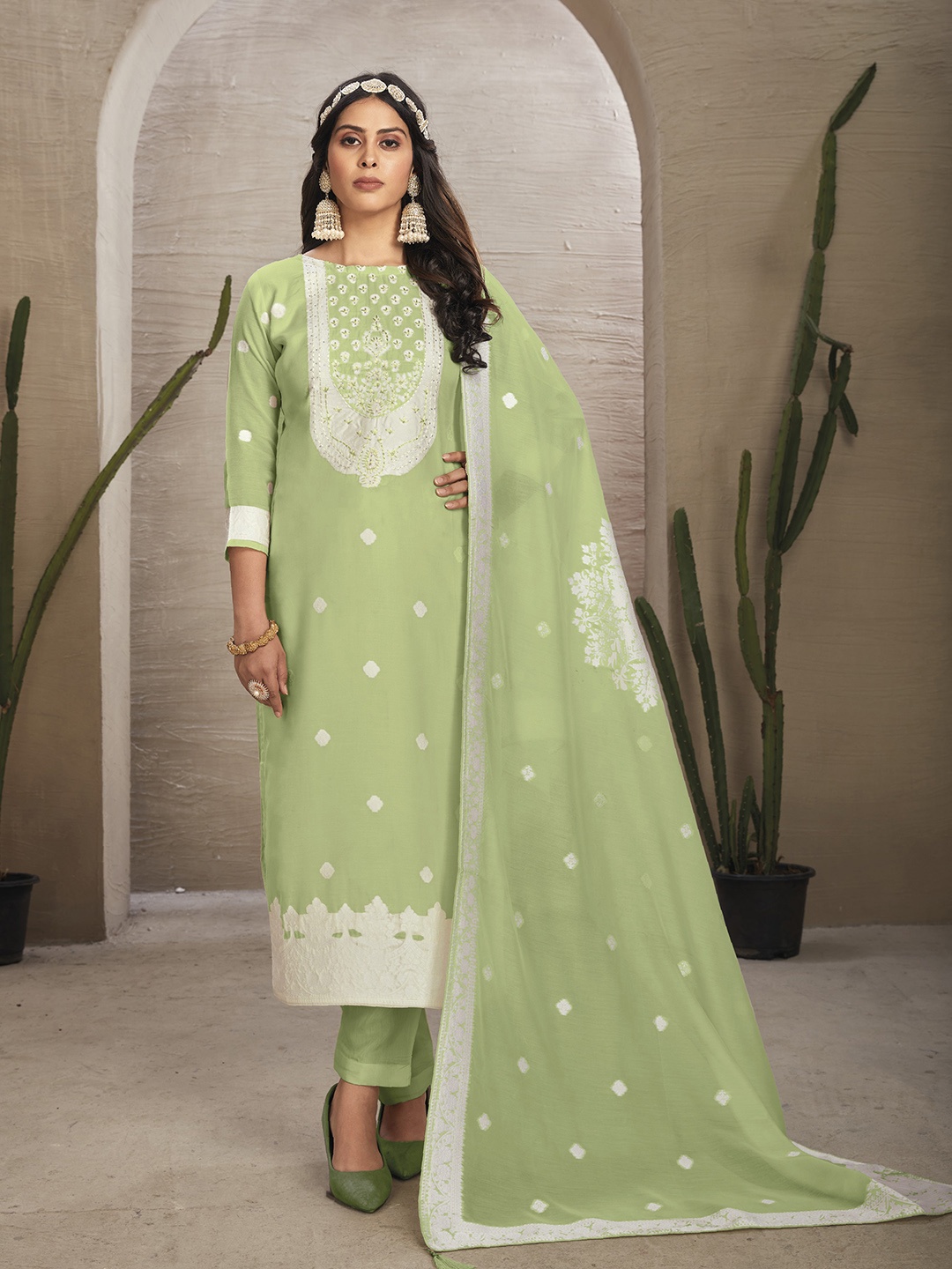 

KSM PRINTS Floral Embroidered Organza Unstitched Dress Material, Green
