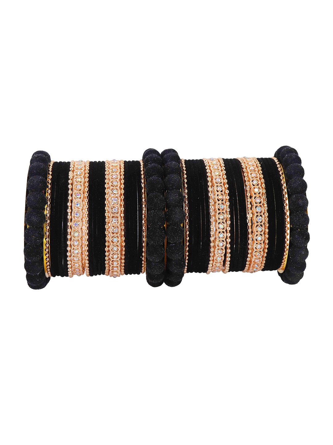 

ZULKA Set of 44 Gold Metal American Diamond Velvet Bangles, Black