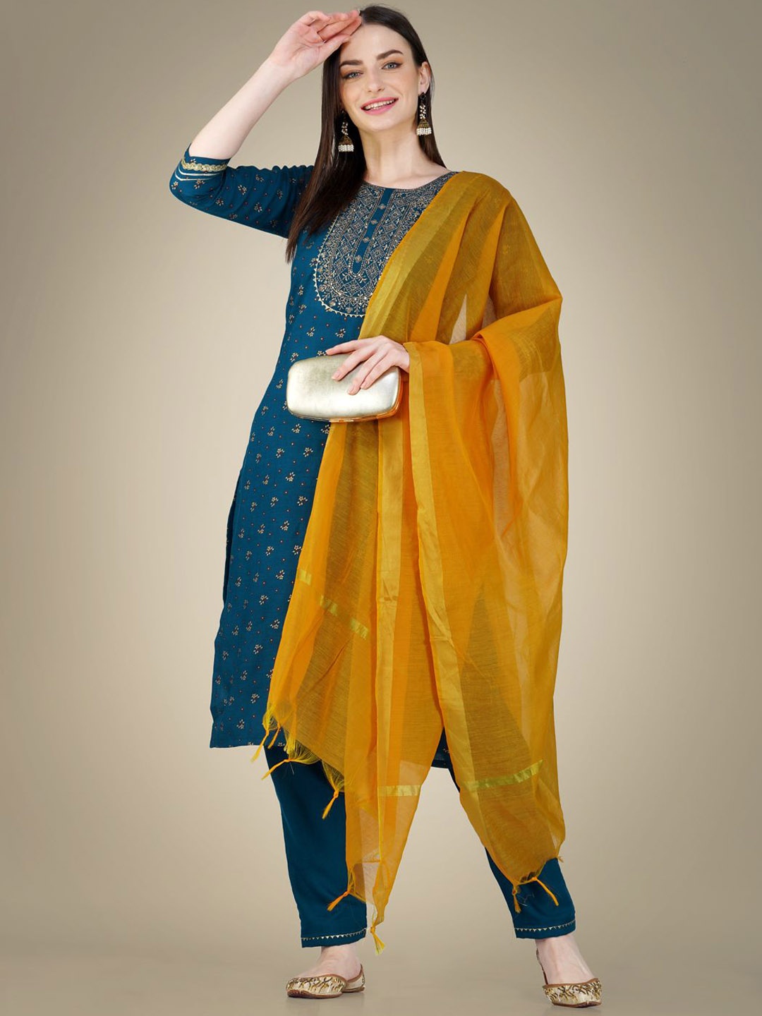 

BERISTON Ethnic Motifs Embroidered Regular Straight Kurta with Trousers & Dupatta, Navy blue