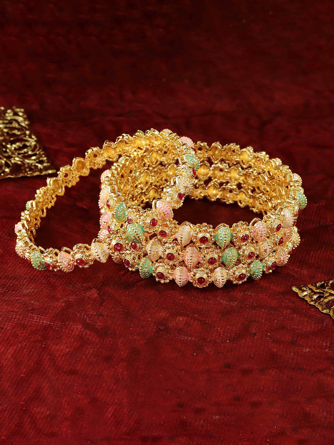 

Set of 4 Traditional Gold Plated Metal Red Zircon Gemstone Studded Bangles
