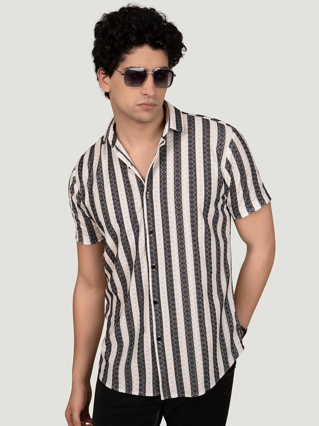 

ALMATY Men Comfort Slim Fit Striped Casual Shirt, White