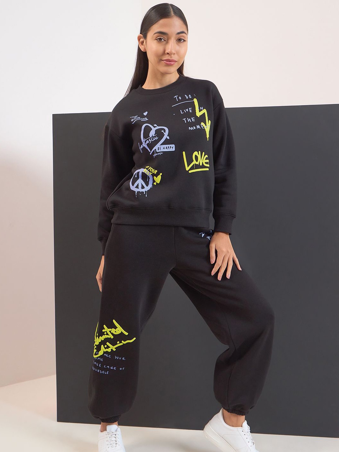 

Sweet Dreams Women Graphic Printed Round Neck Tracksuit, Black