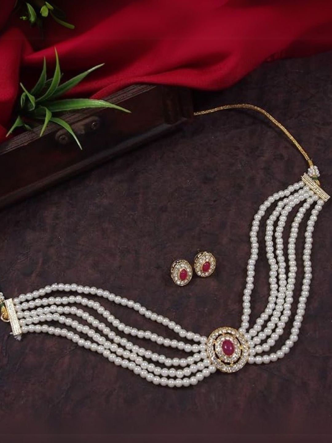 

I Jewels 18K Gold Plated Pearls & Stones Studded Jewellery Set