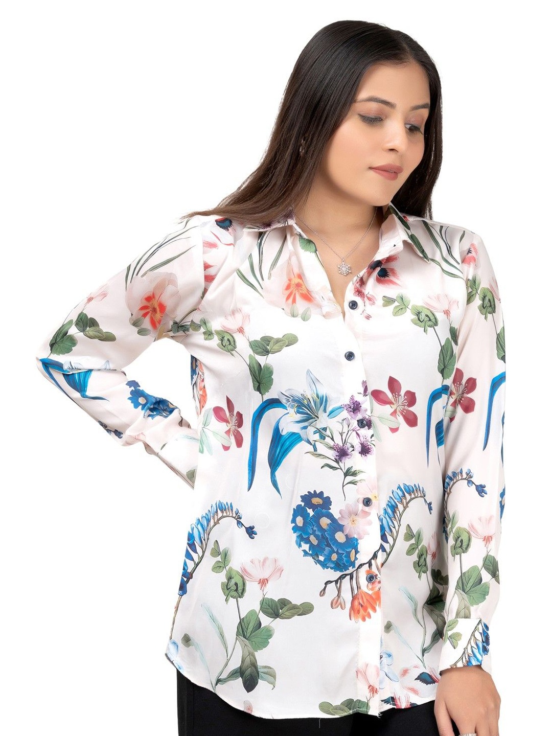 

MatterBlue Women Comfort Relaxed Fit Spread Collar Floral Printed Satin Casual Shirt, White