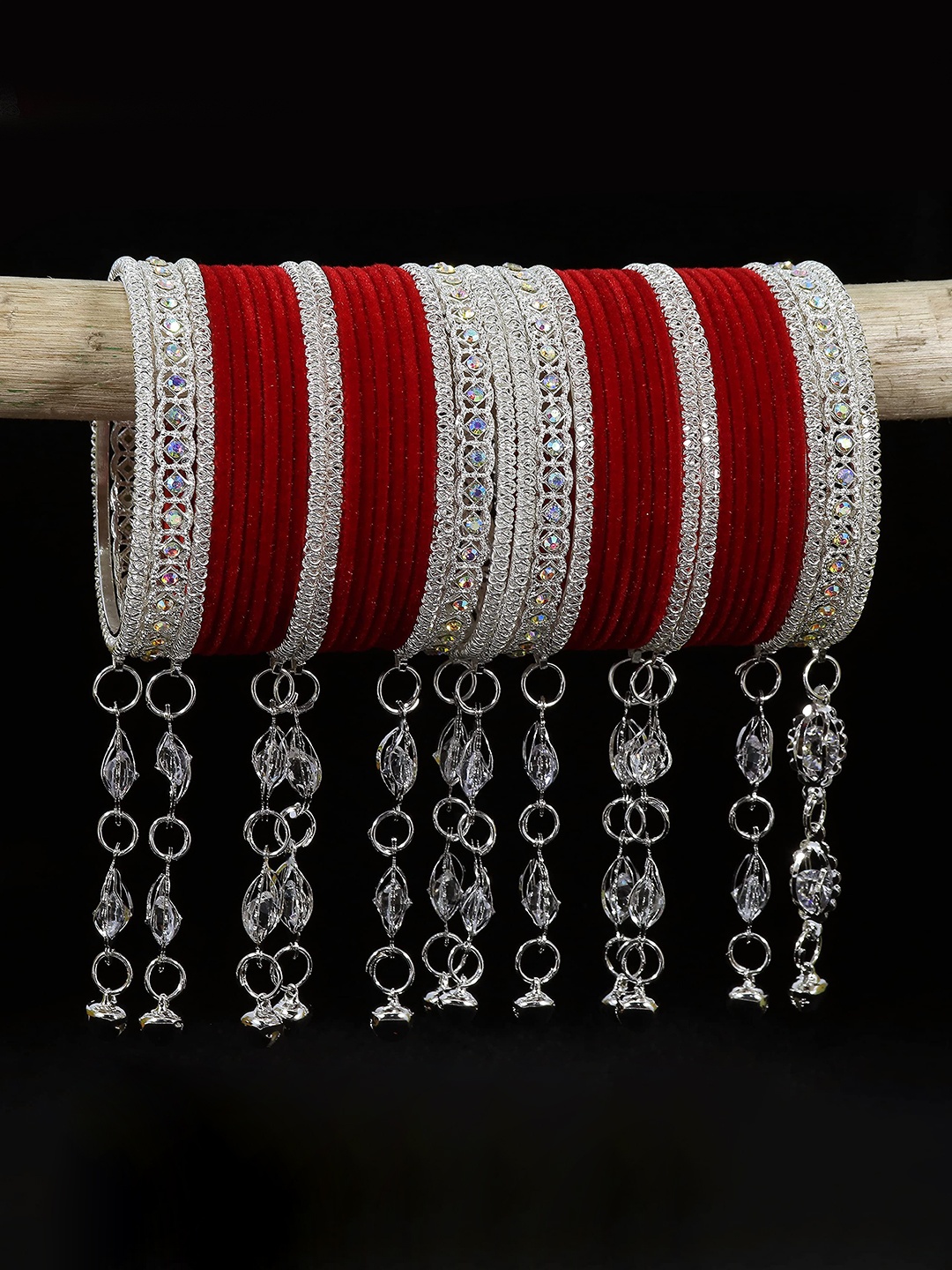

ZULKA Set of 78 Metal with Cubic Zirconia and Pearls Velvet Bangles For Women, Red