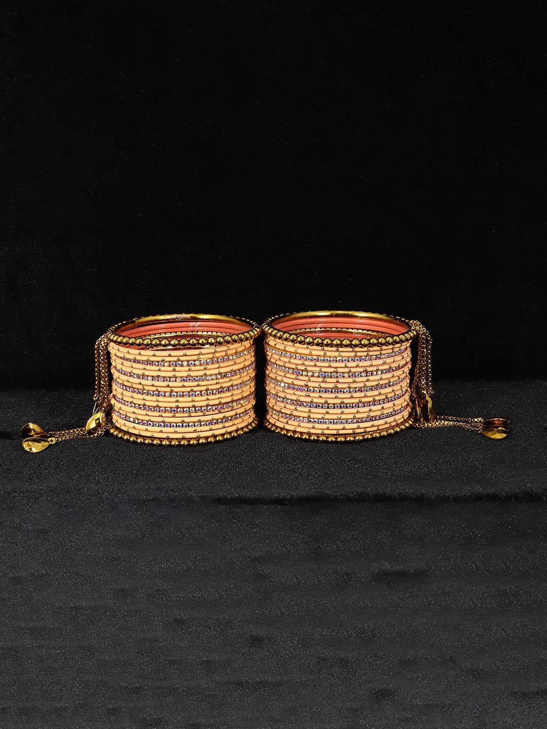 

Set of 38 Non-Precious Metal with Base Metal Zari Dotted and Rainbow Zircon Gemstone bangles, Green