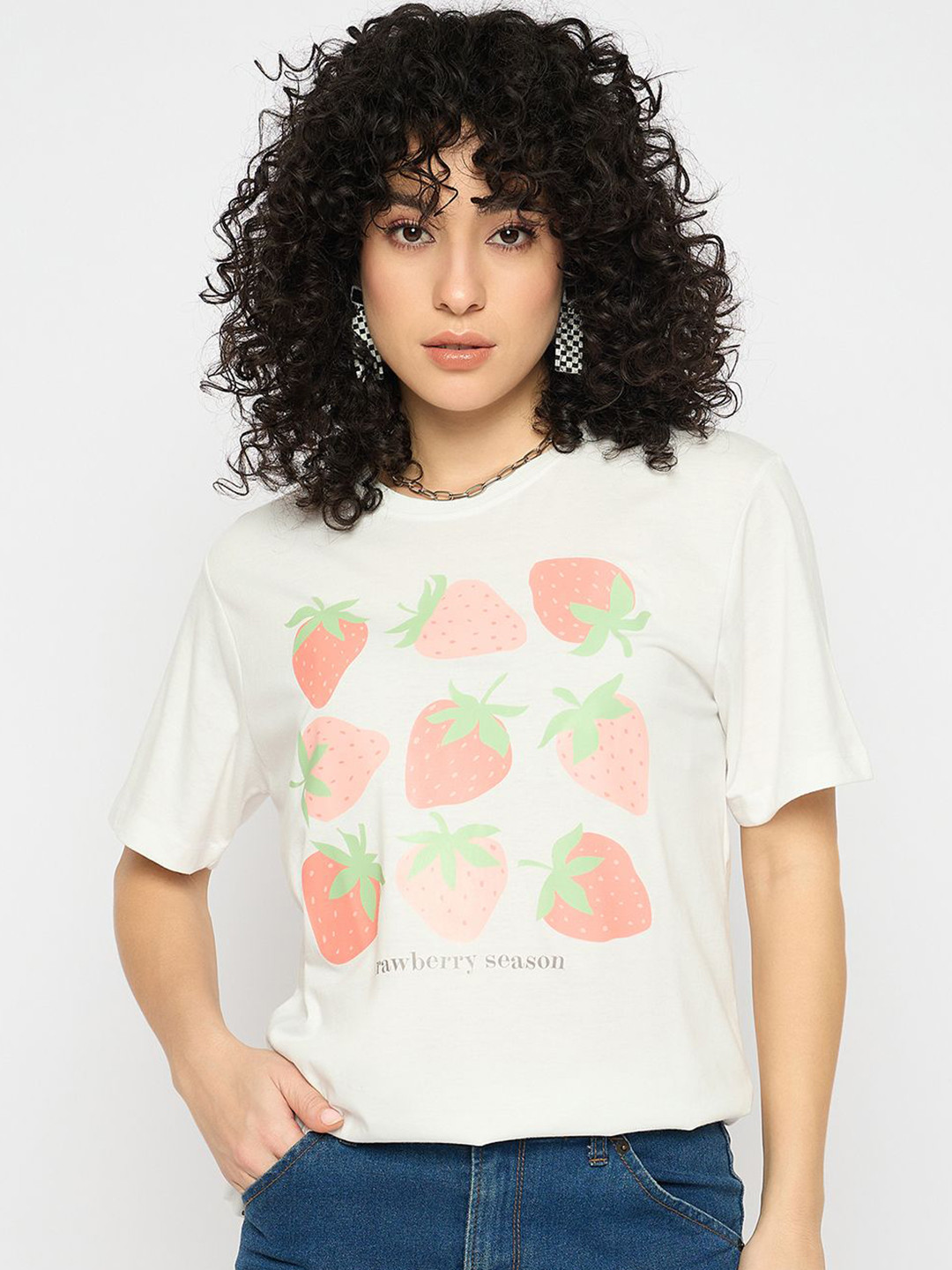 

Mast & Harbour Women Graphic Printed Round Neck Pure Cotton T-shirt, White