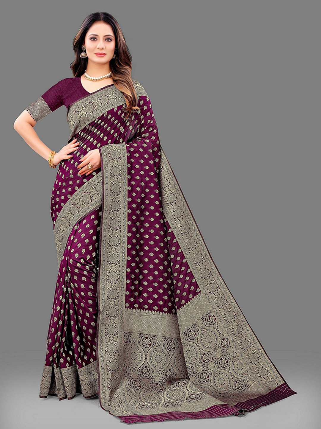 

VARNI FABRICS Ethnic Motifs Woven Design Zari Pure Silk Banarasi Saree, Purple