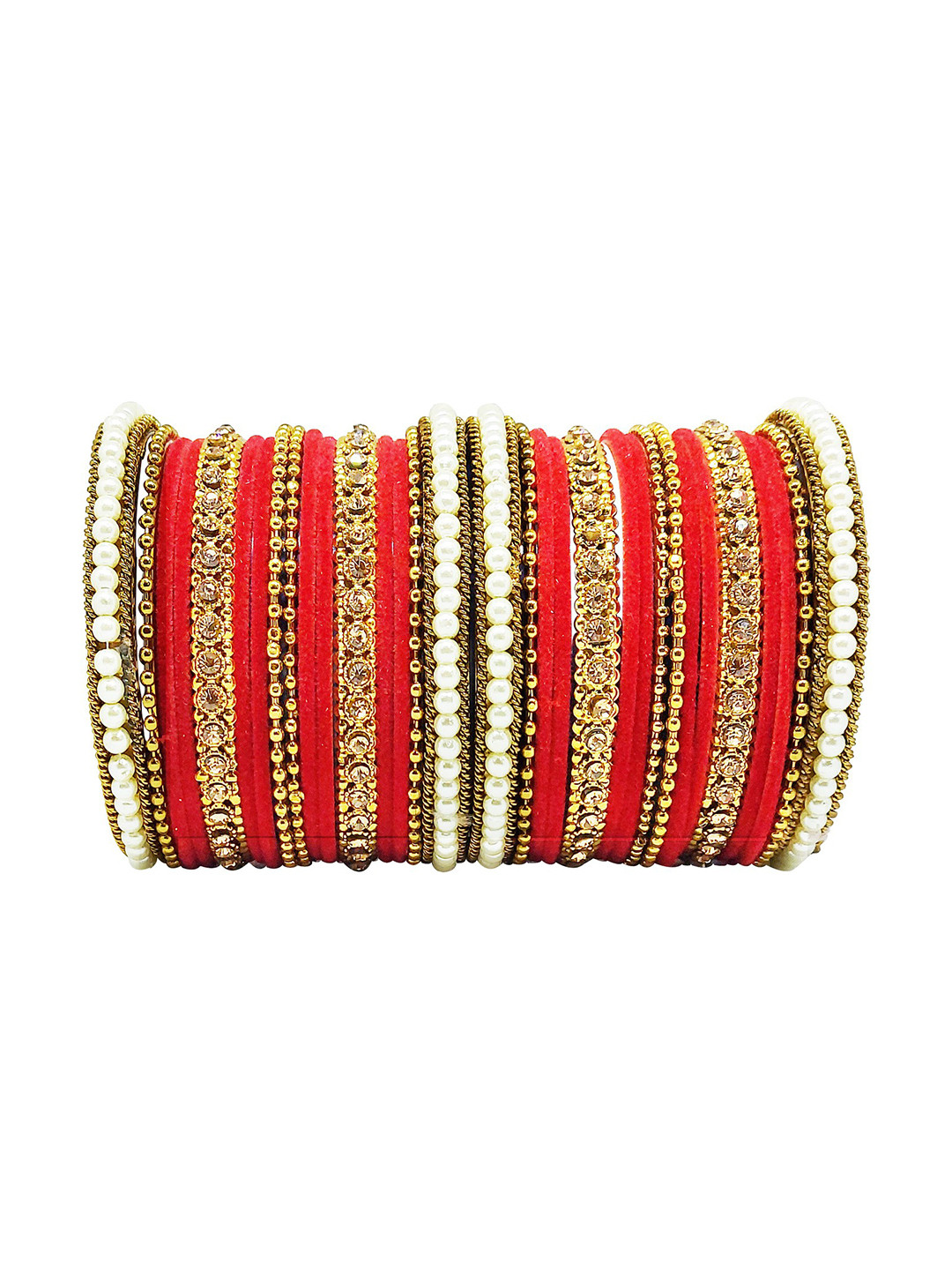 

CHRISHAN Set Of 32 Stones-Studded & Beaded Fabric Bangles, Gold