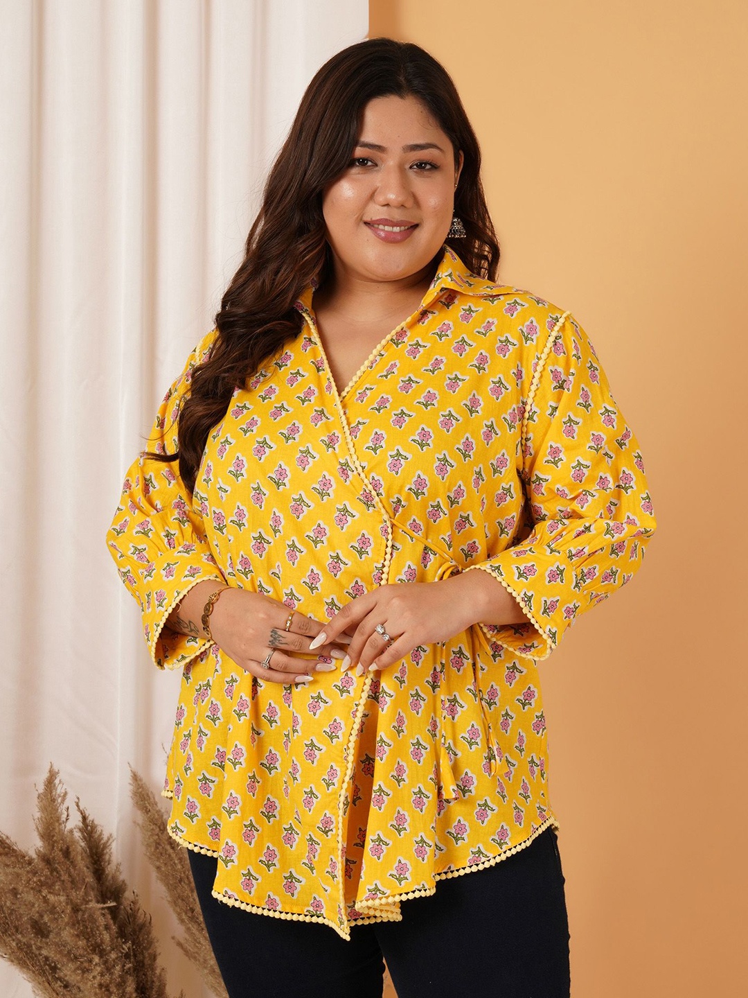 

MOOBA Women Plus Size Floral Printed Cotton Wrap Top, Yellow