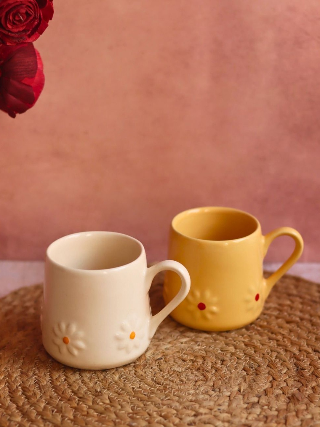 

WEAVING HOMES Set Of 2 Yellow & Off White Solid Ceramic Glossy Cups and Mugs